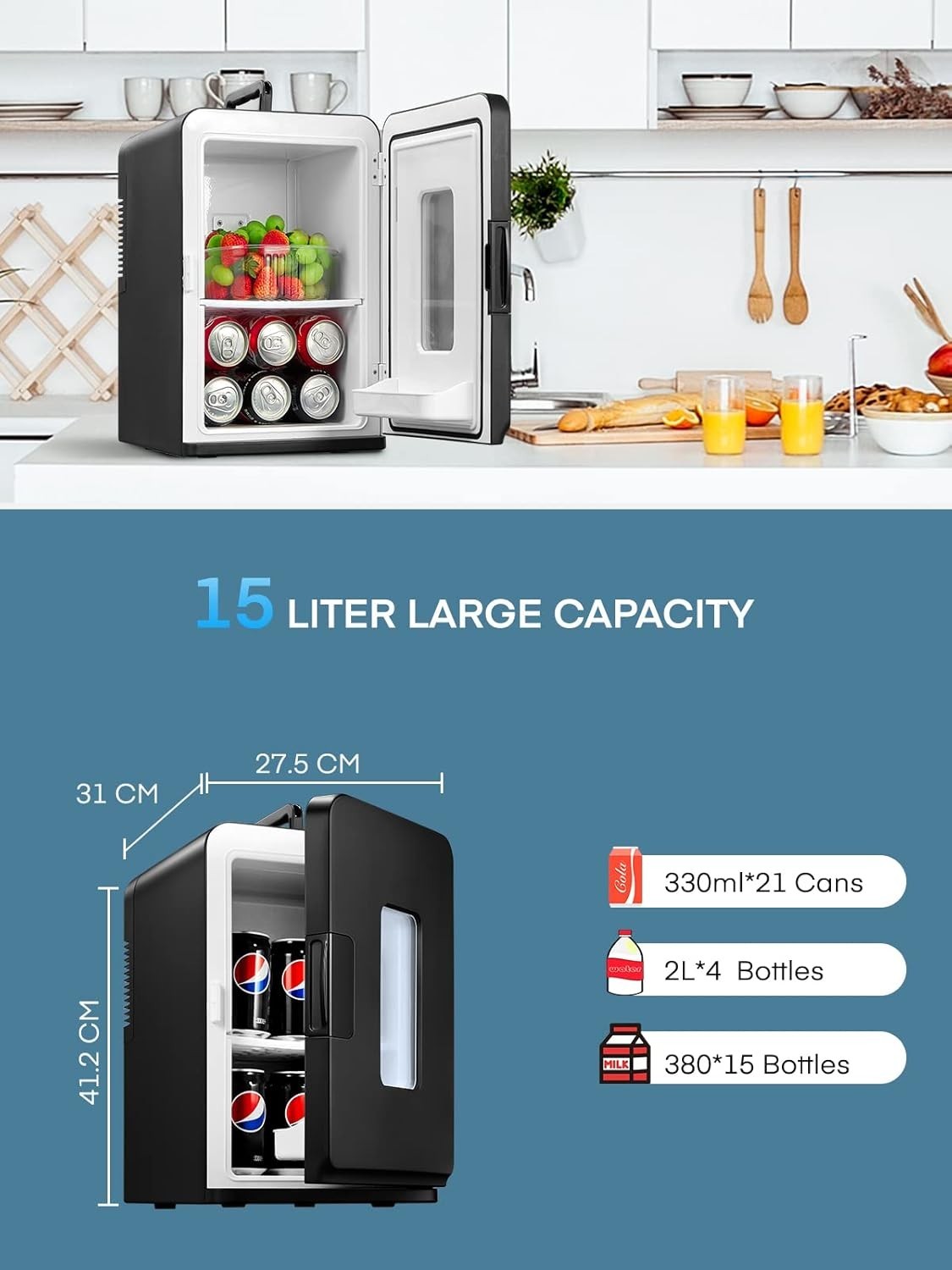 15L Mini Fridge Portable AC/DC Cooler & Heater Bedroom Office Black