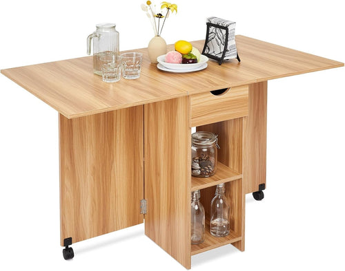 Drop Leaf Folding Dining Table with Storage Shelves and Drawer Red Oak