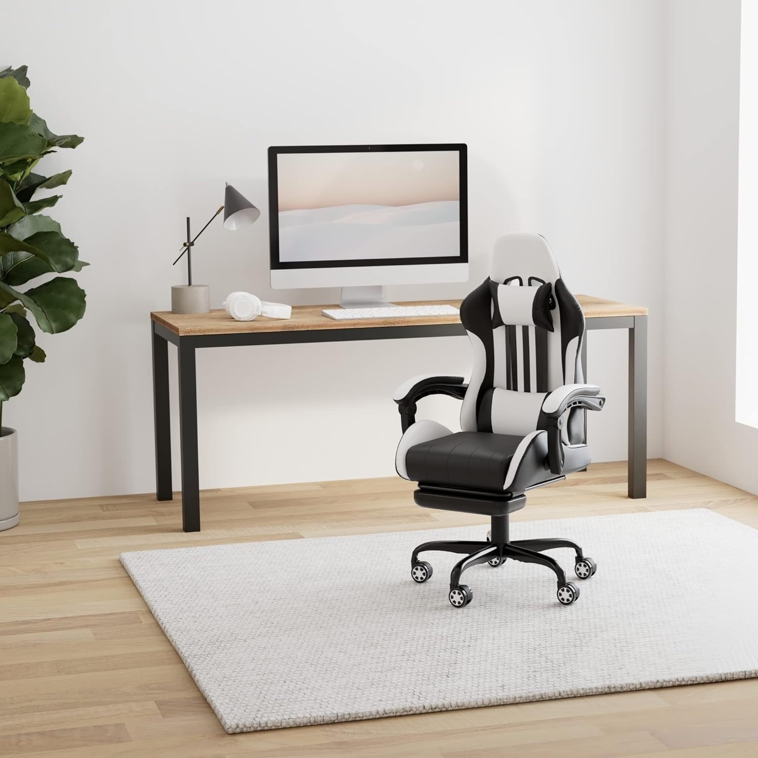 Gaming Office Chair White PU Leather Swivel Adjustable Height Reclining Footrest