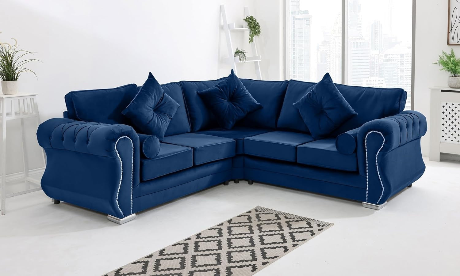 Blue Plush Velvet Corner Sofa 5 Seater with Foam Cushions & Chrome Feet