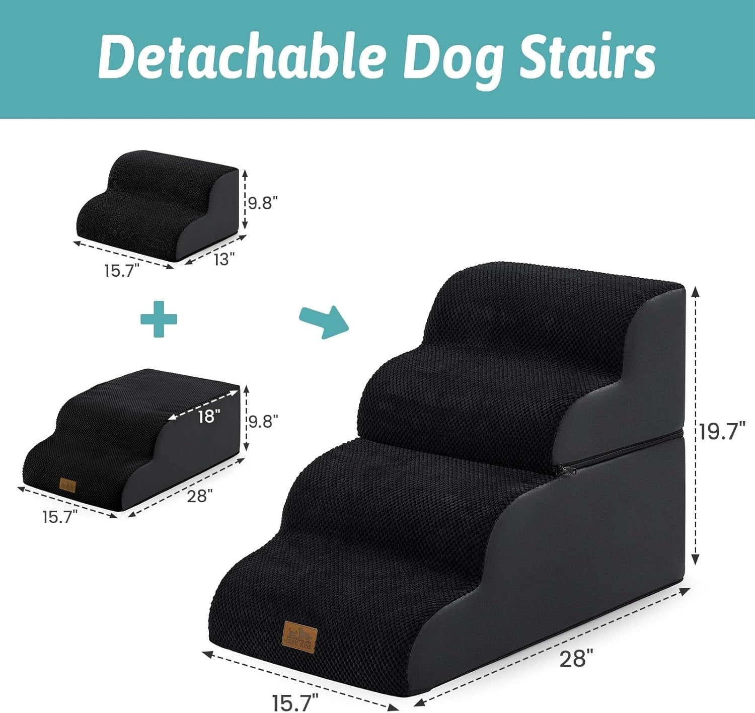 Dog Stairs 4 Step 19.7in Detachable Foam Pet Ramp Black