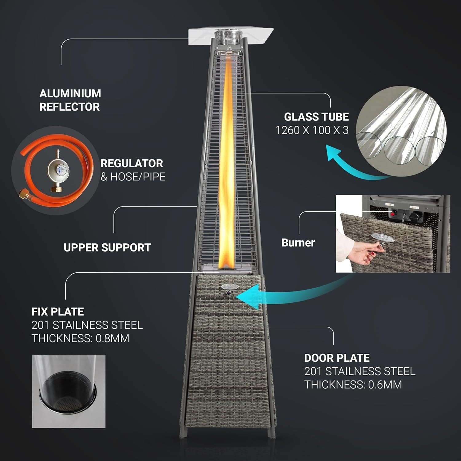 Outdoor Gas Patio Heater Pyramid Flame 13kW Waterproof Windproof Cover
