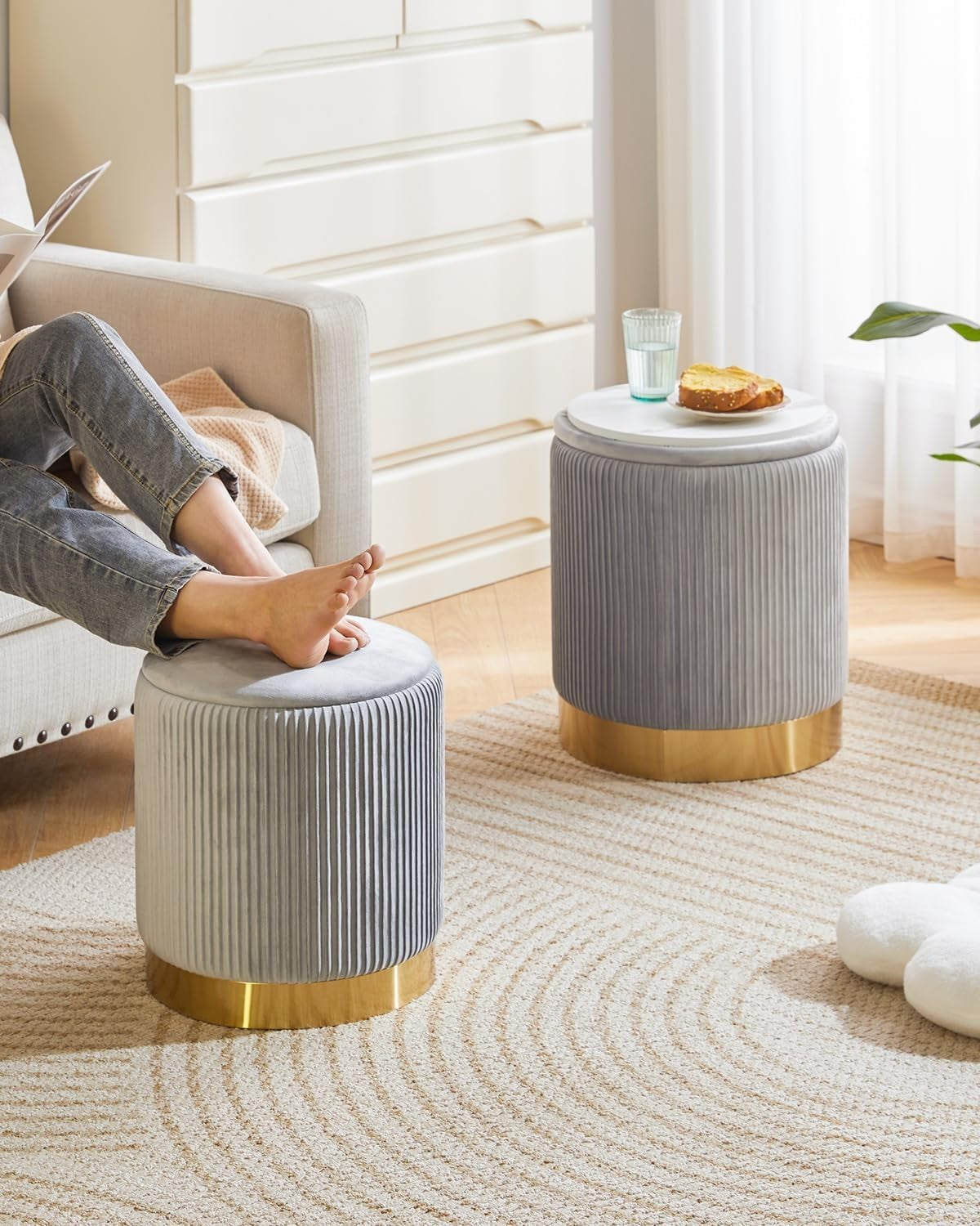 Set of 2 Gray Storage Ottomans – Round Boucle Velvet Stools with Lids
