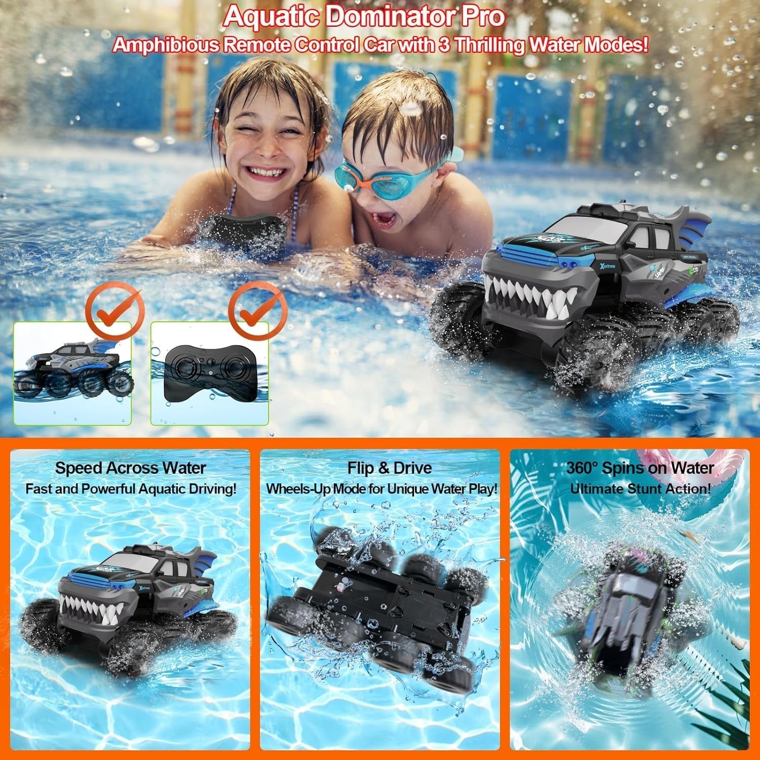 8WD Amphibious RC Monster Truck – Waterproof Off-Road Car w/ 2 Batteries, Blue