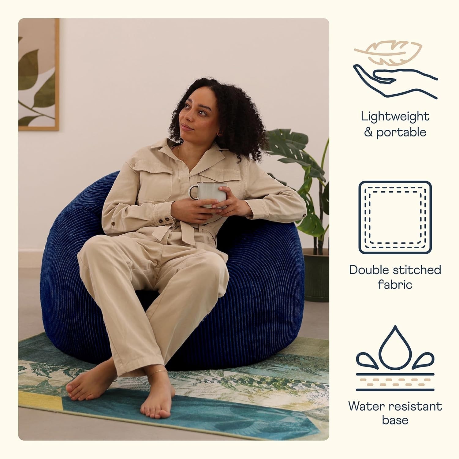 Comfy Navy Blue Bean Bag Chair for Adults | Large Soft Cord Fabric | Relax & Lou