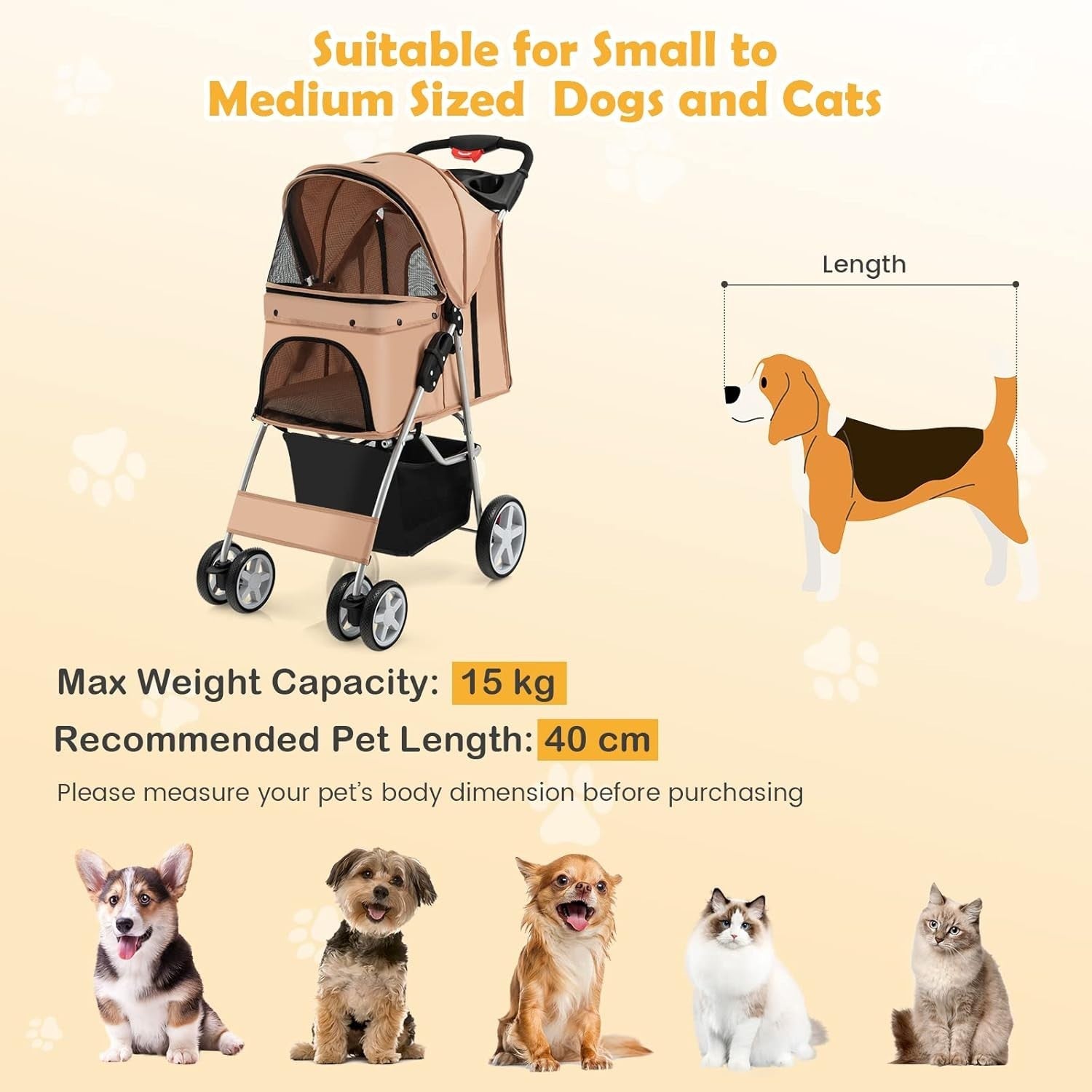 Beige Pet Stroller Foldable Dog Cat Pushchair 15kg Storage Basket