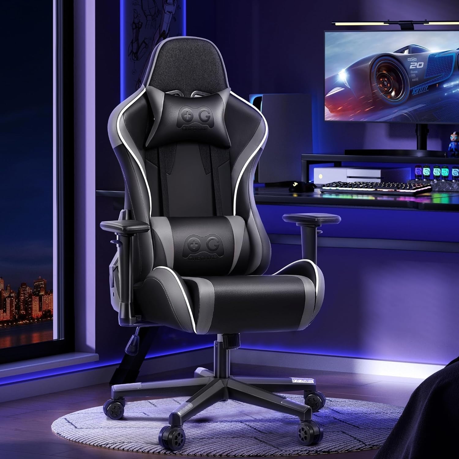 Ergonomic Grey Gaming Chair High Back Adjustable Recliner Swivel Office Home Stu
