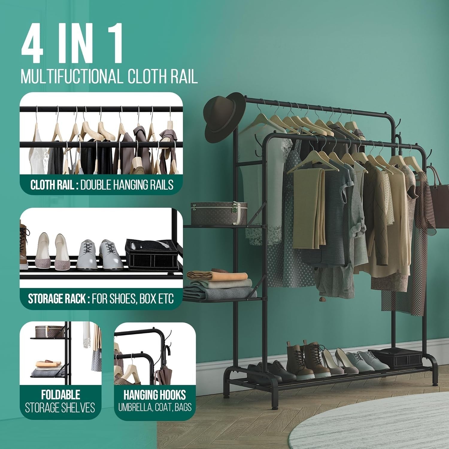 100KG Heavy Duty Clothes Rail With Shelves & Double Rods