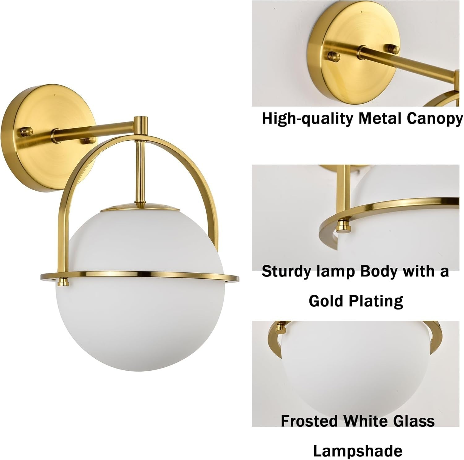 Gold Wall Sconce Light Frosted Glass Globe Lamp Modern Mid Century