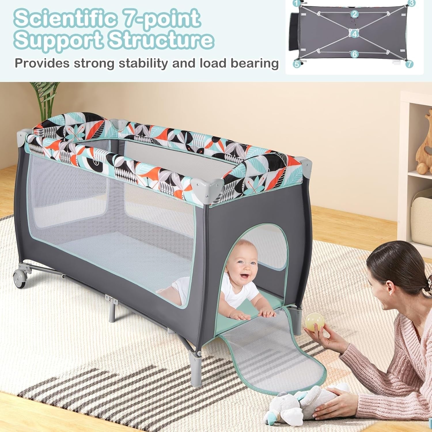 4in1 Baby Travel Cot Foldable Crib with Mattress, Changer & Storage Grey Blue