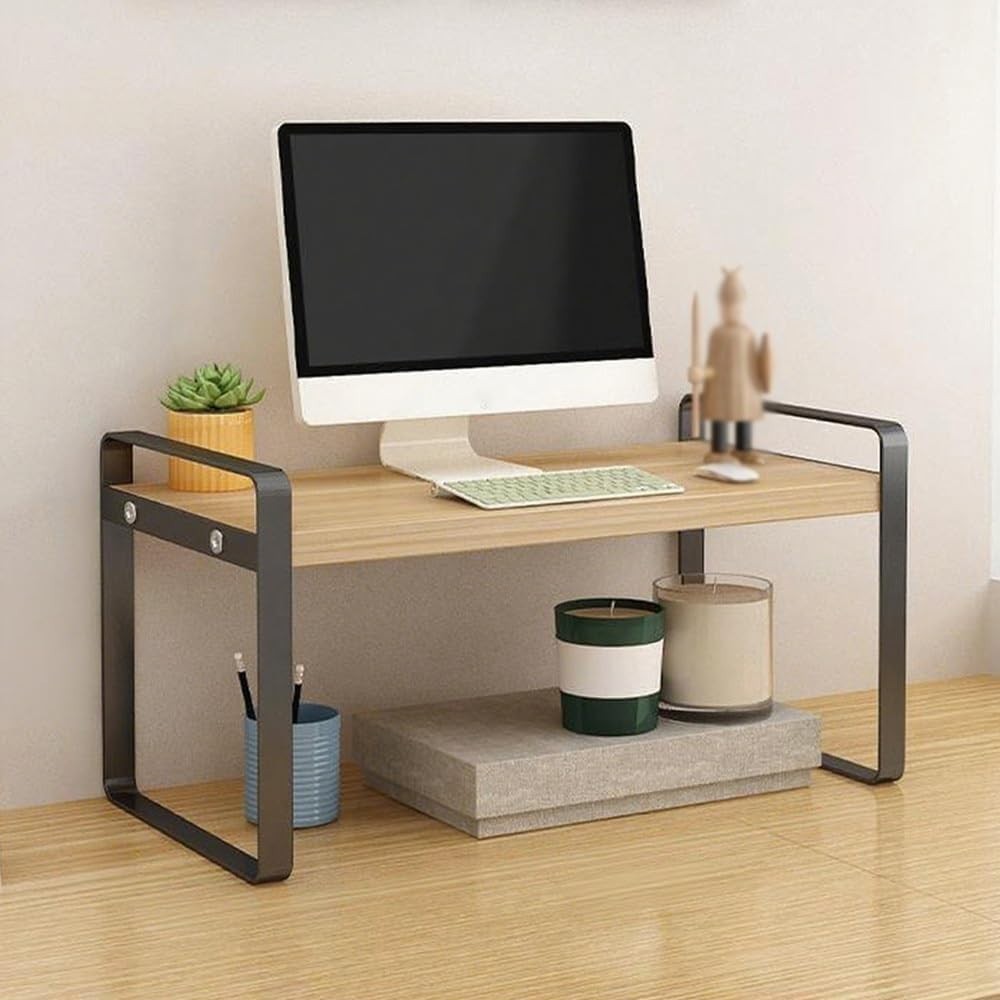 1-Tier Desktop Bookshelf Organizer | Black Wood & Metal Desk Storage Rack 60cm