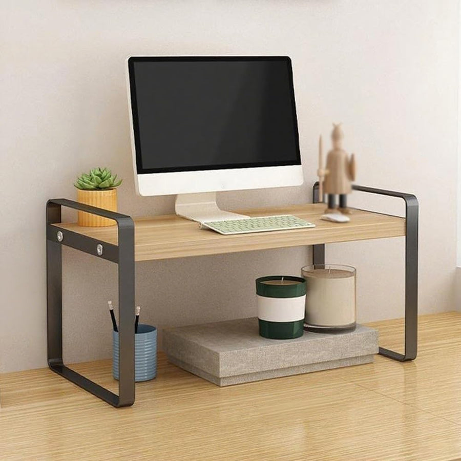 1-Tier Desktop Bookshelf Organizer | Black Wood & Metal Desk Storage Rack 60cm