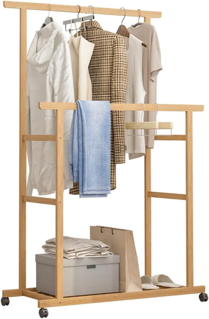 Bamboo Clothes Rail Double Hanging Rack with Wheels & Shelves – 80x40x160cm