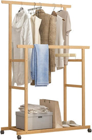 Bamboo Clothes Rail Double Hanging Rack with Wheels & Shelves – 80x40x160cm