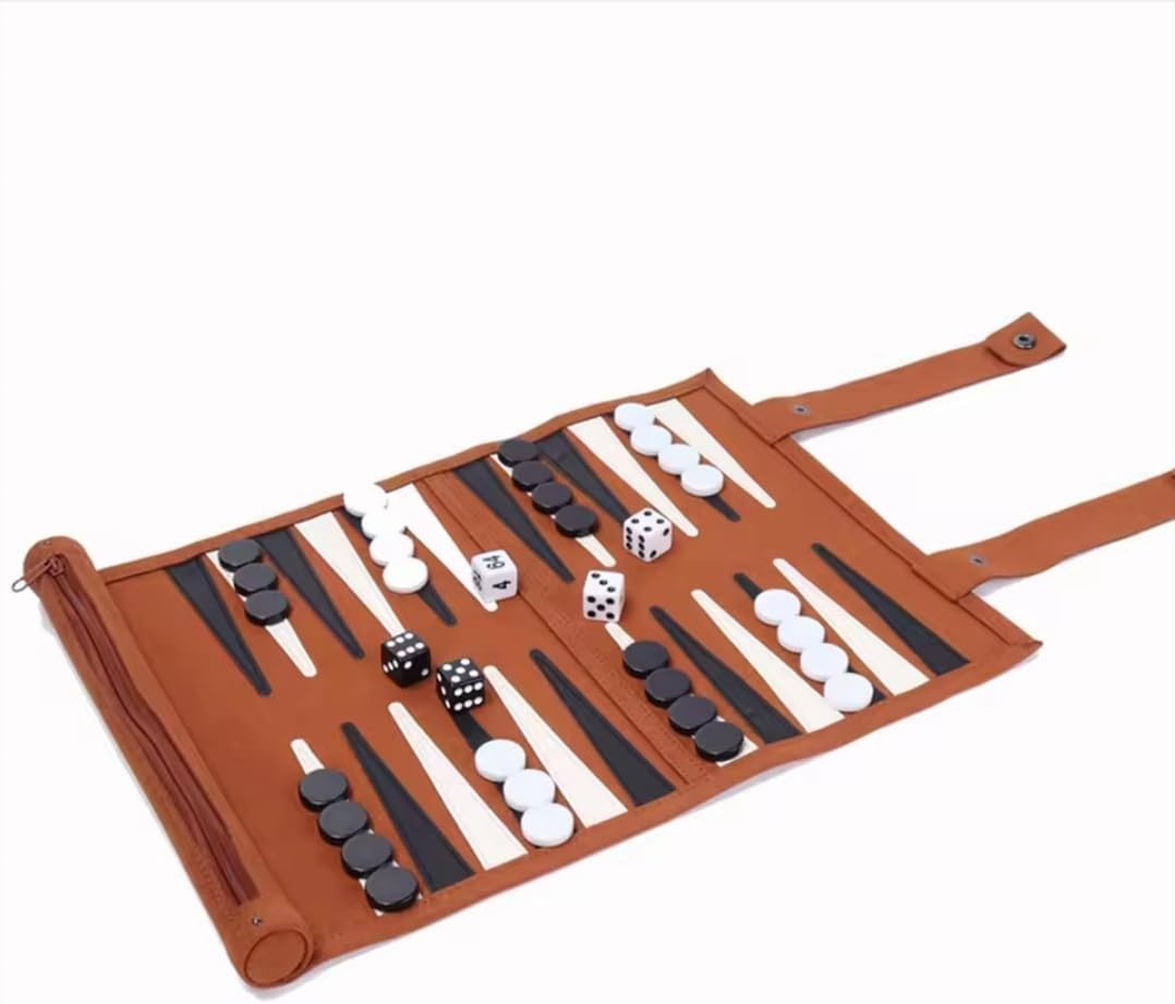 Portable Roll Up Backgammon Set Travel Board Game Faux Leather Case
