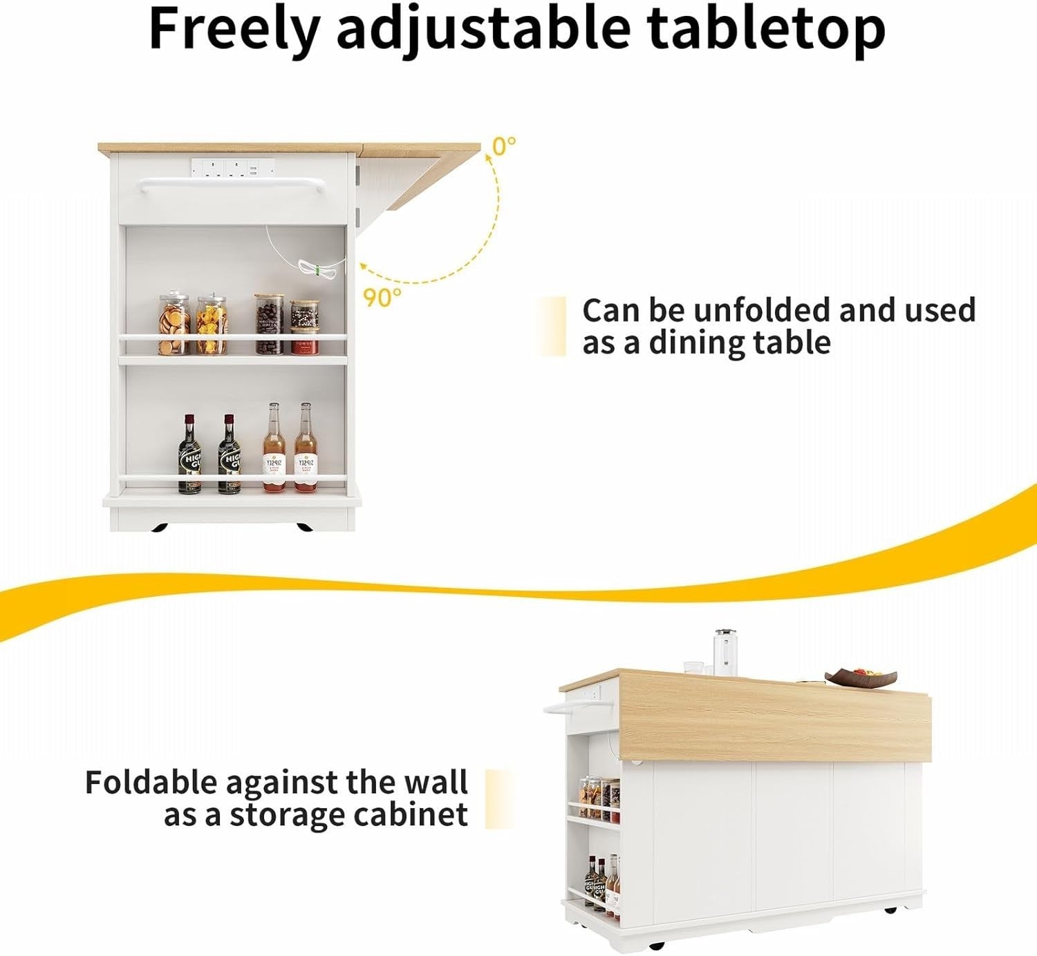 Rolling Kitchen Island Cart with Drop Leaf, Power Sockets & Storage Drawers