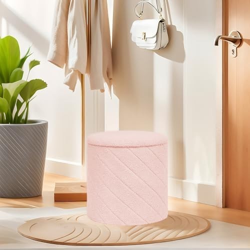 Pink Round Storage Ottoman Footstool 3-in-1 Seat with Lid 43x43x45cm