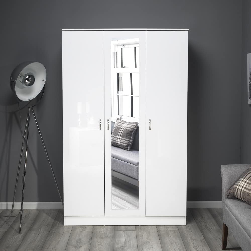 Contemporary 3-Door White Gloss Wardrobe with Mirror & Lockable Storage