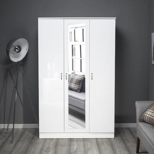 Contemporary 3-Door White Gloss Wardrobe with Mirror & Lockable Storage