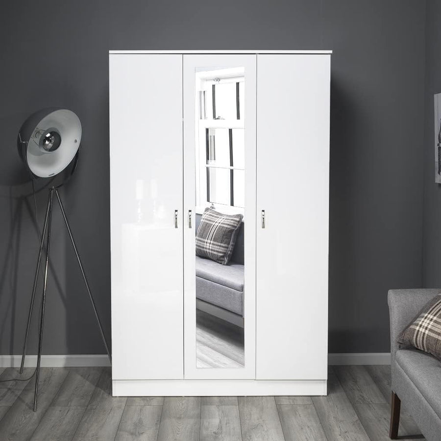 Contemporary 3-Door White Gloss Wardrobe with Mirror & Lockable Storage