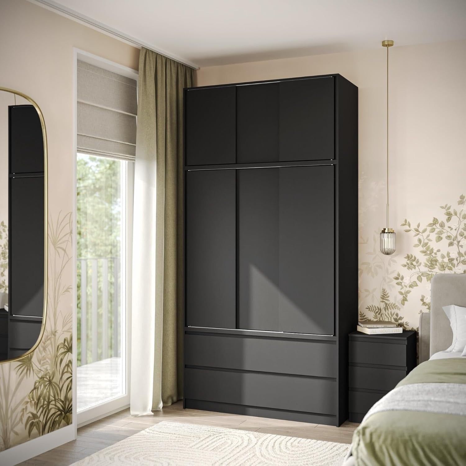 Black 6 Door Sliding Wardrobe with Drawers 240cm Modern Closet Storage
