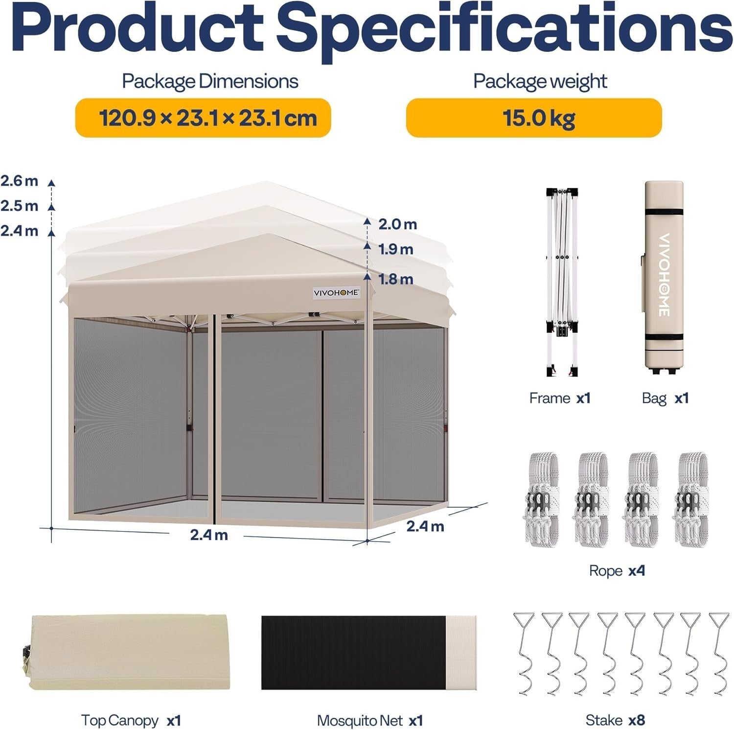 2.4x2.4M Beige Pop Up Gazebo With Mosquito Net Waterproof Outdoor Party Tent
