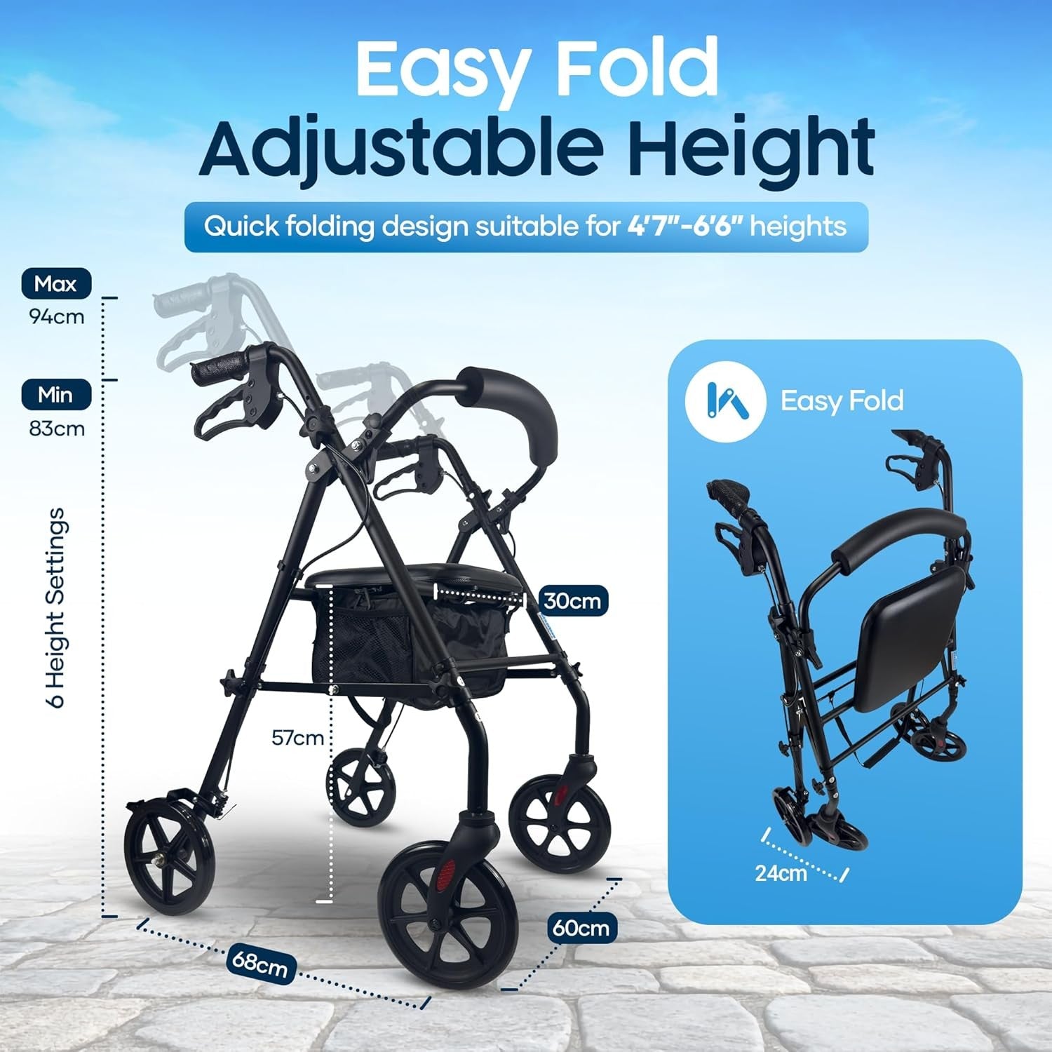 Lightweight 4 Wheel Rollator Walker Seat Adjustable Handles Folding Mobility