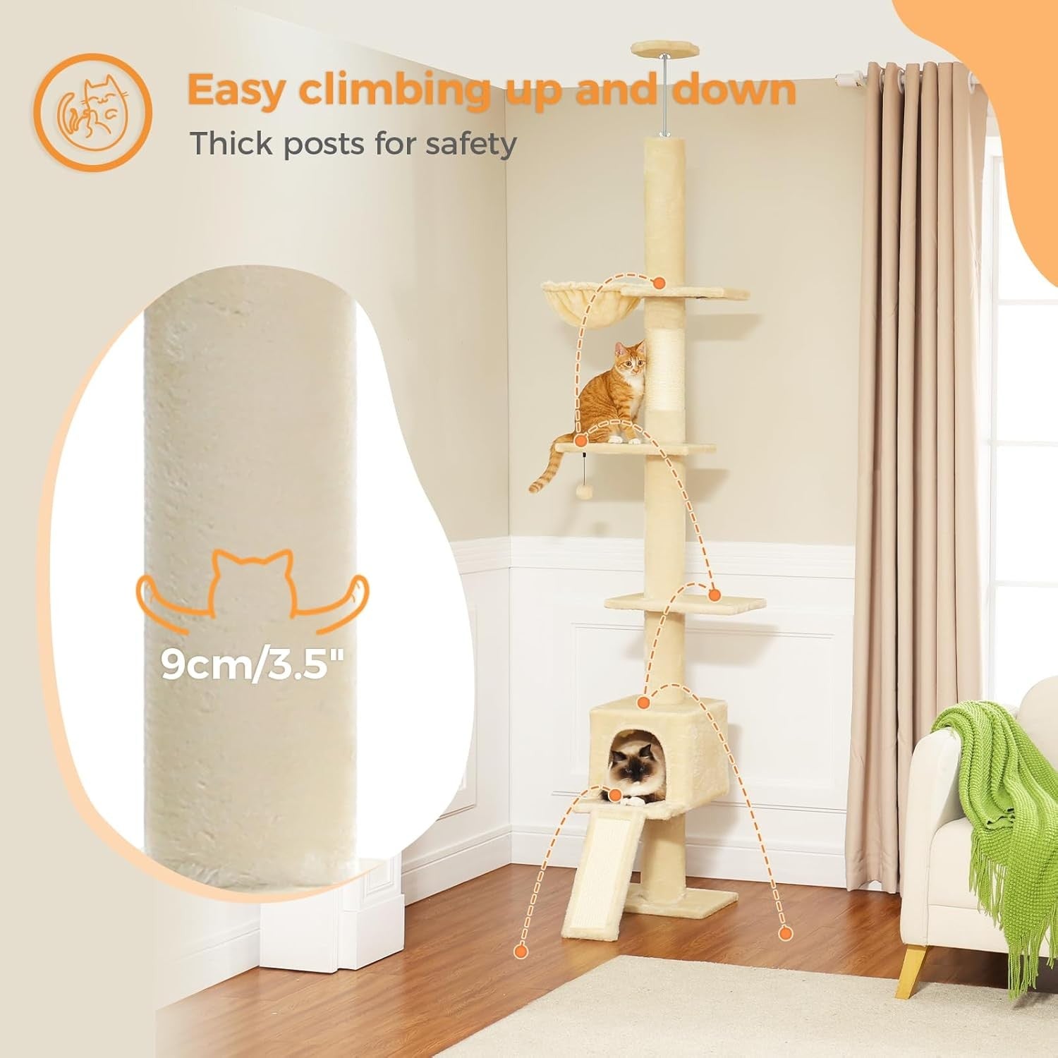 Floor to Ceiling Cat Tree Adjustable 216–273cm Tower Condo Scratching