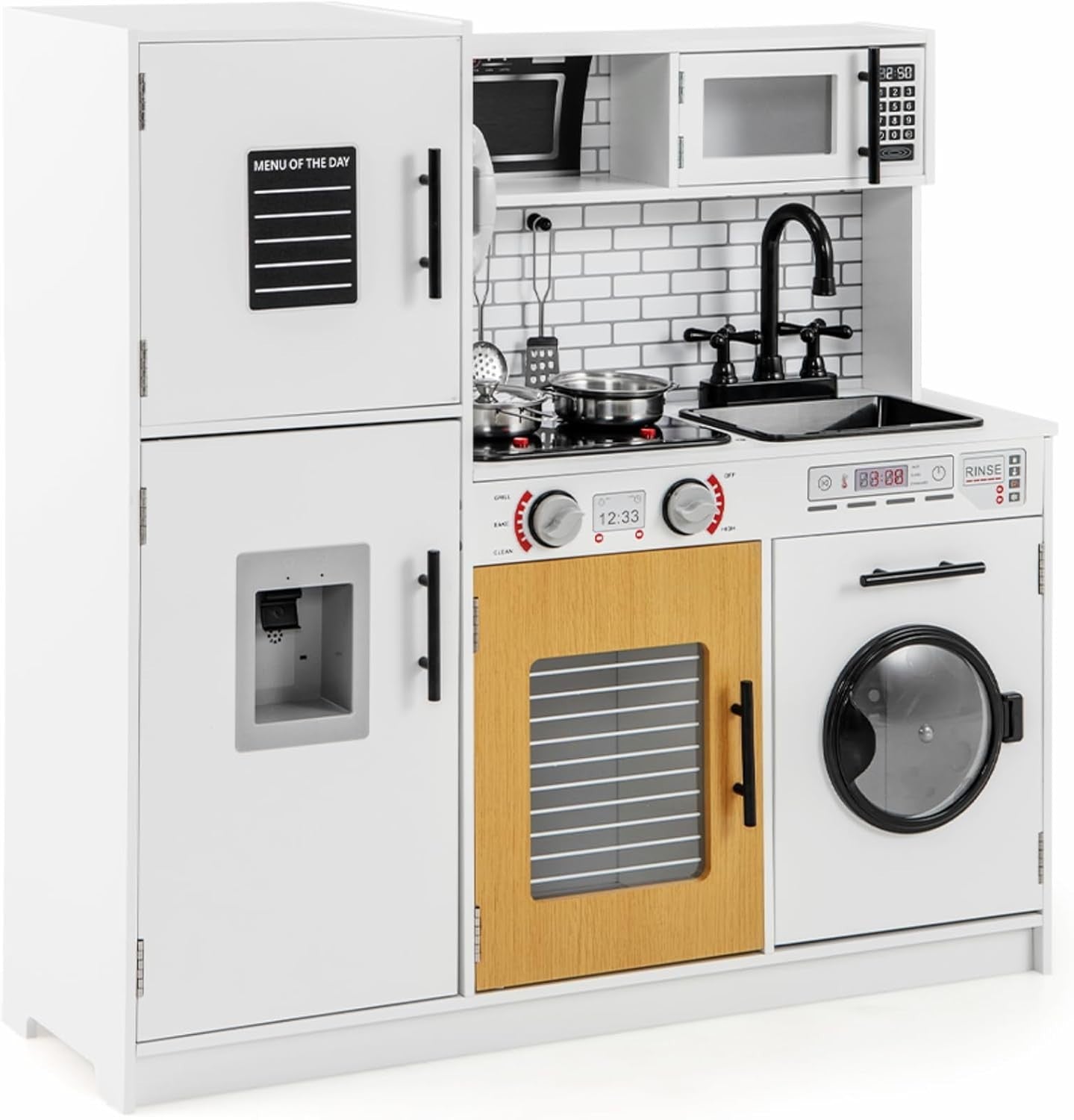 Kids Wooden Play Kitchen Lights Sounds Washing Machine White Toy