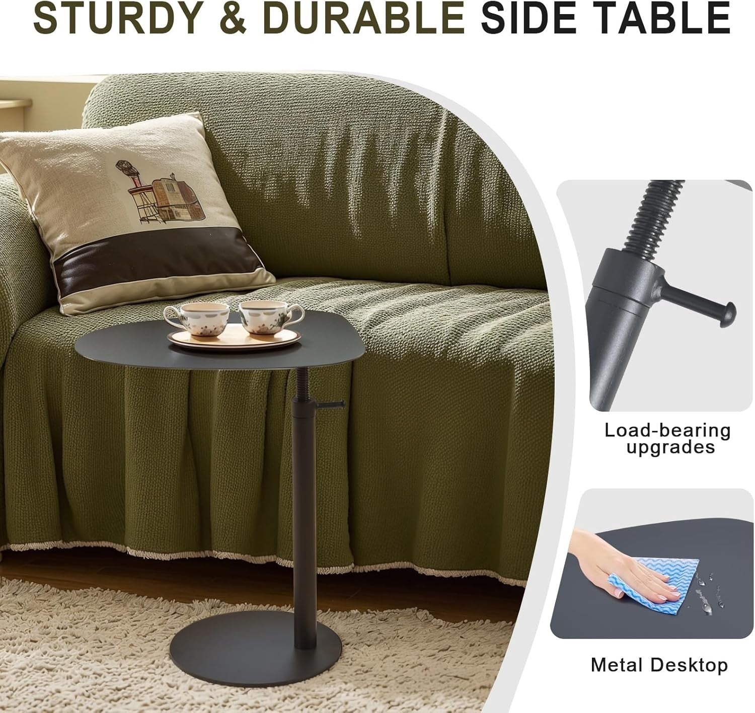C Shaped Black Metal End Table Sofa Bedside Laptop Stand Small Space