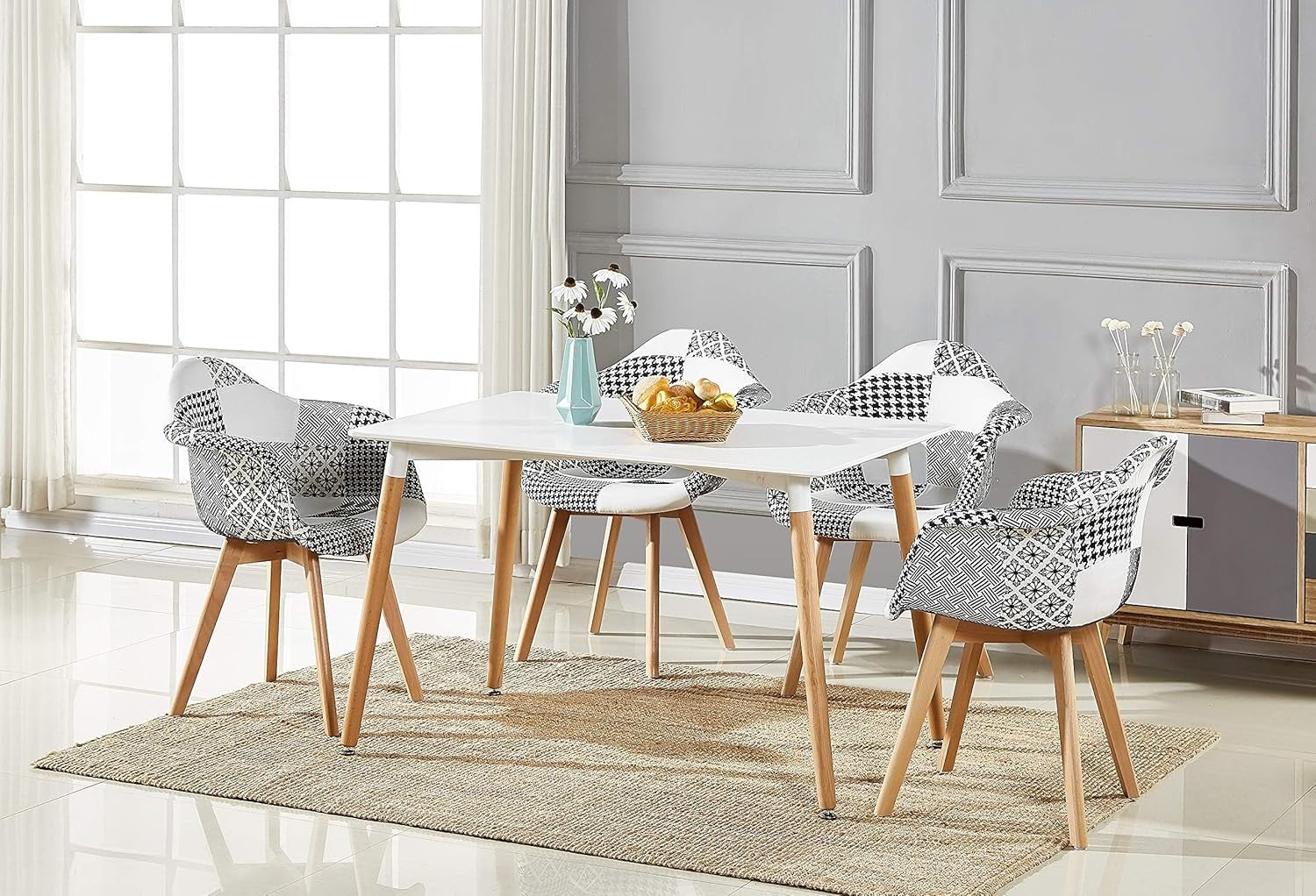 Black White Patchwork Dining Chairs Set of 2 with Arms Wood Legs