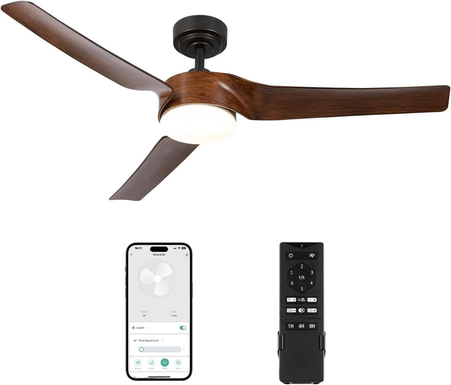 52" Smart Ceiling Fan with Light, 6-Speed, Remote, Black Walnut