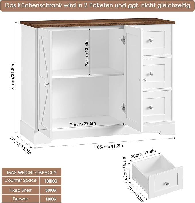 White & Brown Sideboard Cabinet with 3 Drawers & 2 Doors, Wooden Storage Unit