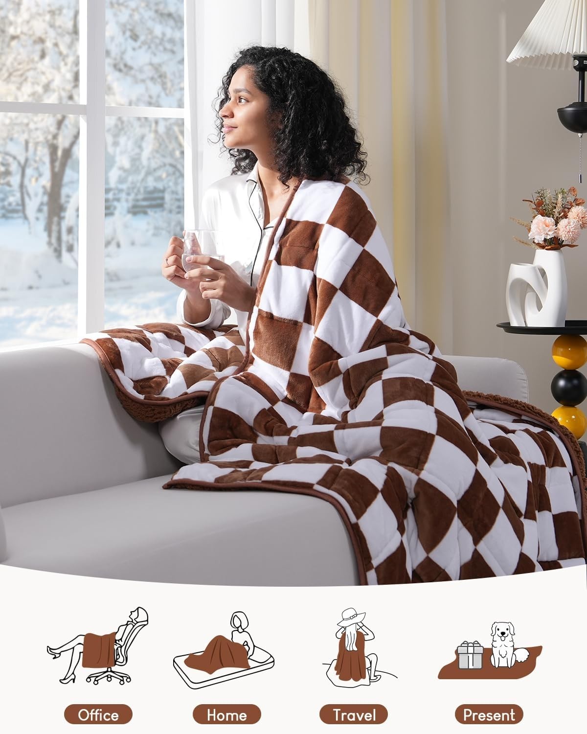 Weighted Blanket 15lb Sherpa Flannel Soft Warm Calming Throw 48x72 Plaid Khaki