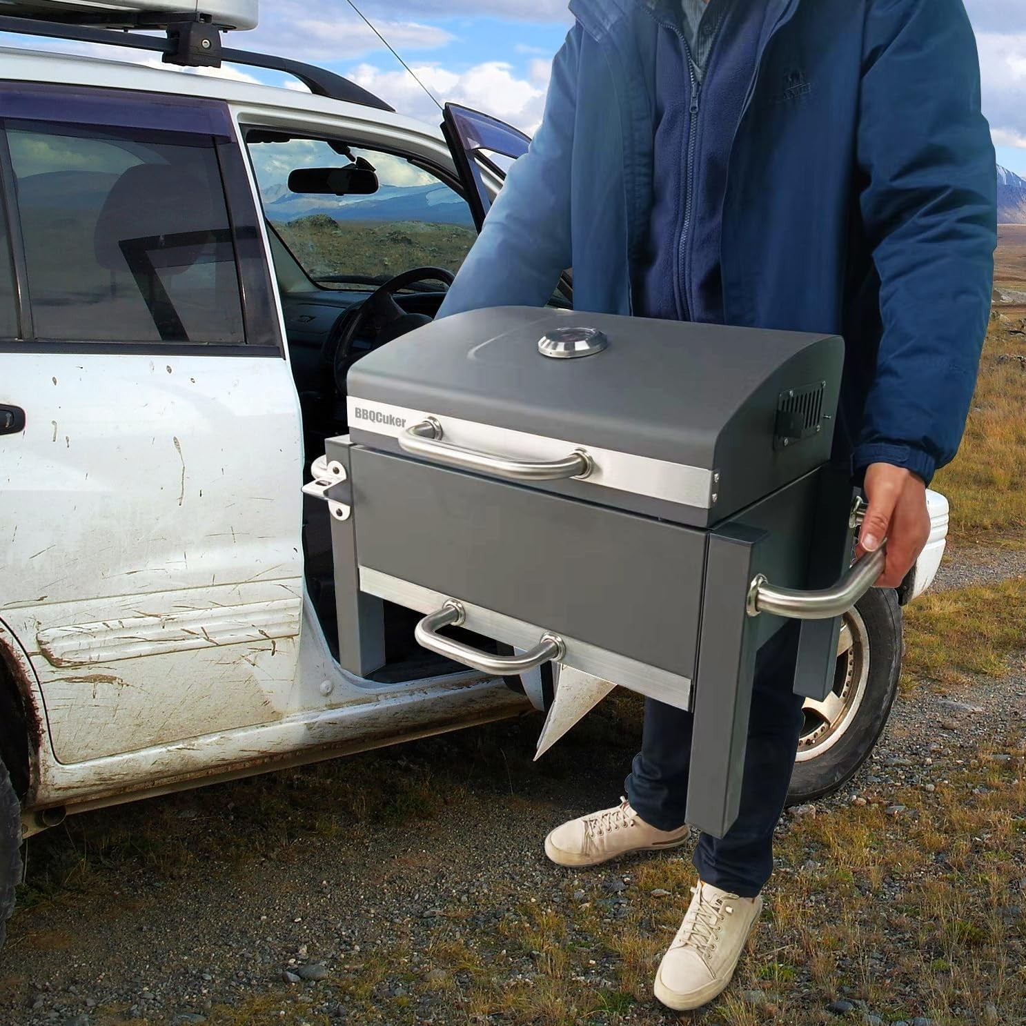 Portable Charcoal BBQ Grill with Warming Rack & Thermometer | Foldable Tabletop