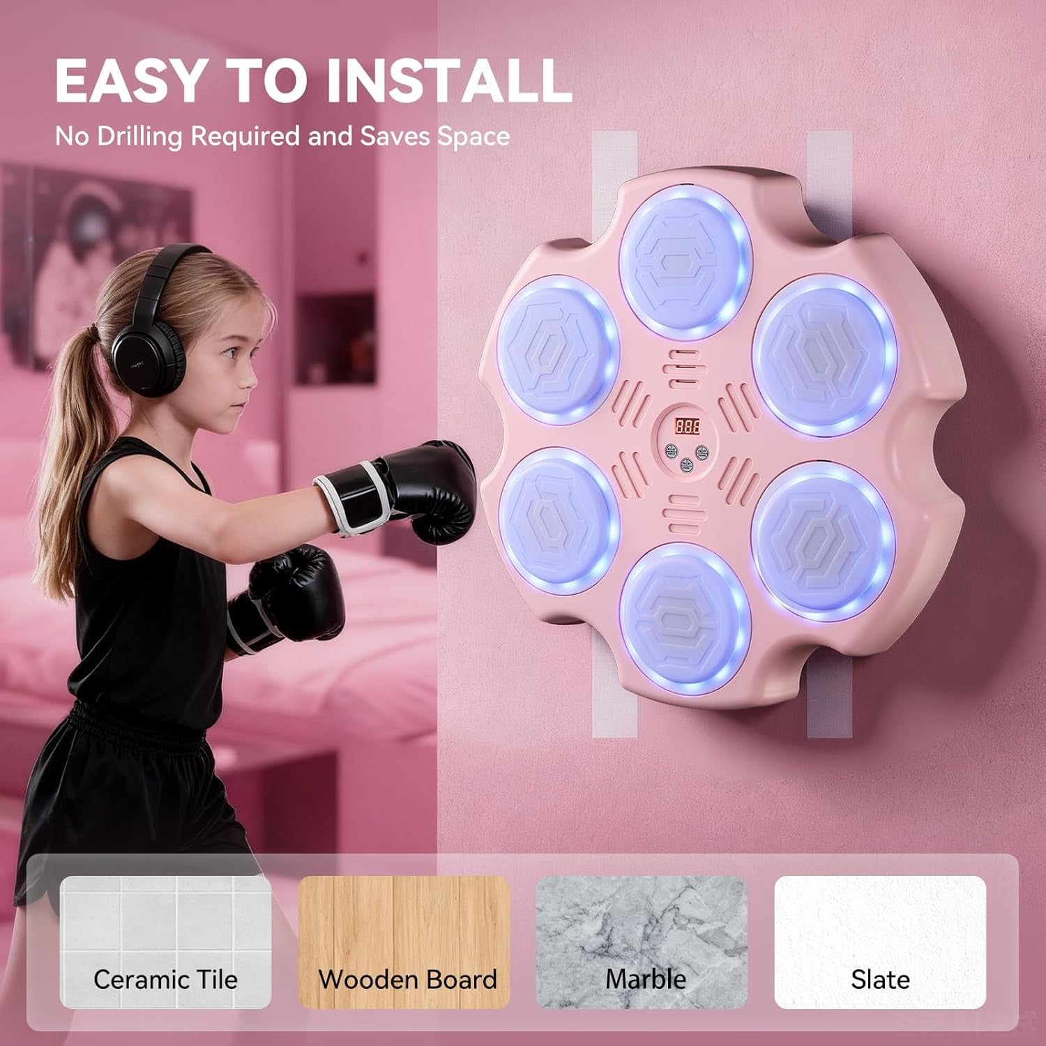 Pink Music Boxing Machine LED Wall Punch Trainer with Gloves for Home Fitness