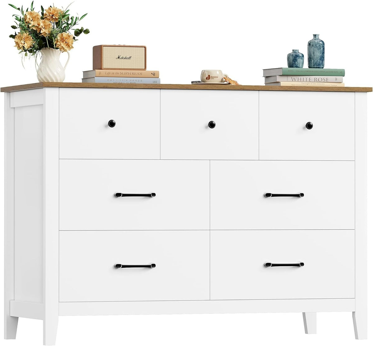 White 7 Drawer Chest with Oak Top – Modern Storage Cabinet for Bedroom & Hall