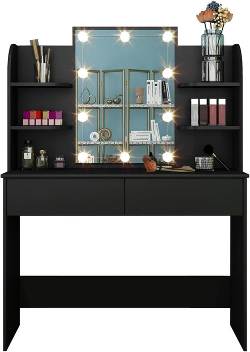 Modern Vanity Desk w/ Lighted Mirror & Charging Station USB Outlet 4 Drawers