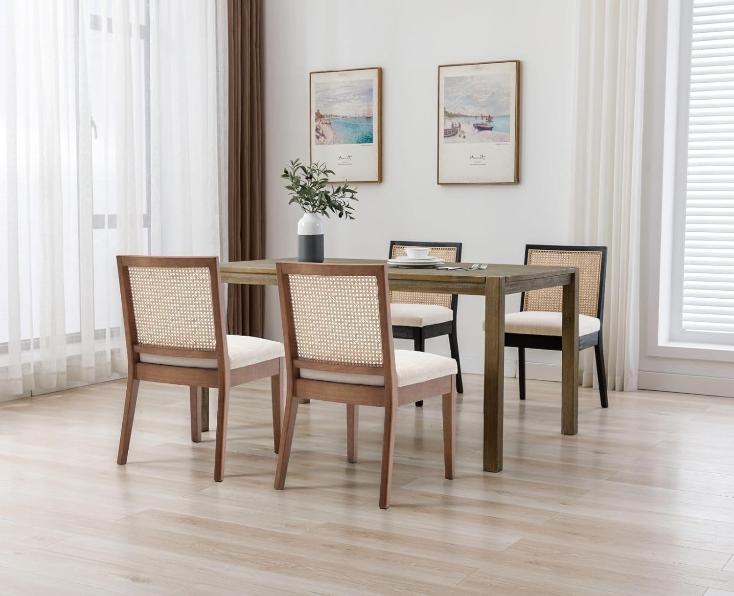 Set of 4 Rattan Dining Chairs Upholstered Seat Wooden Frame Mid Century