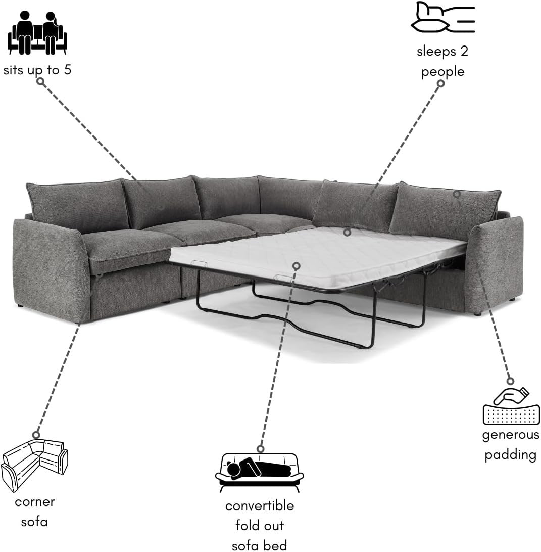 Grey Linen 5 Seater L-Shape Sofa Bed – Pull-Out Sleeper, Metal Frame, Modern
