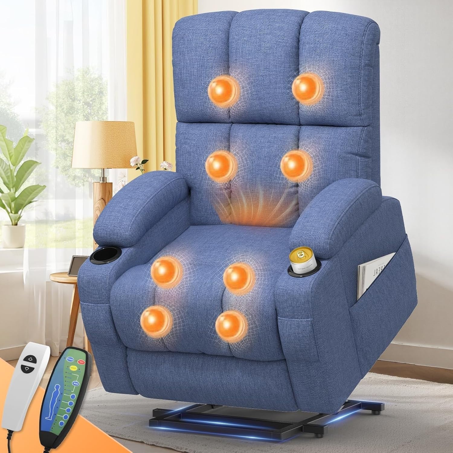 Blue Lift Recliner Chair Elderly Massage Heat USB Cup Holders Extended Footrest