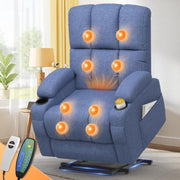 Blue Lift Recliner Chair Elderly Massage Heat USB Cup Holders Extended Footrest