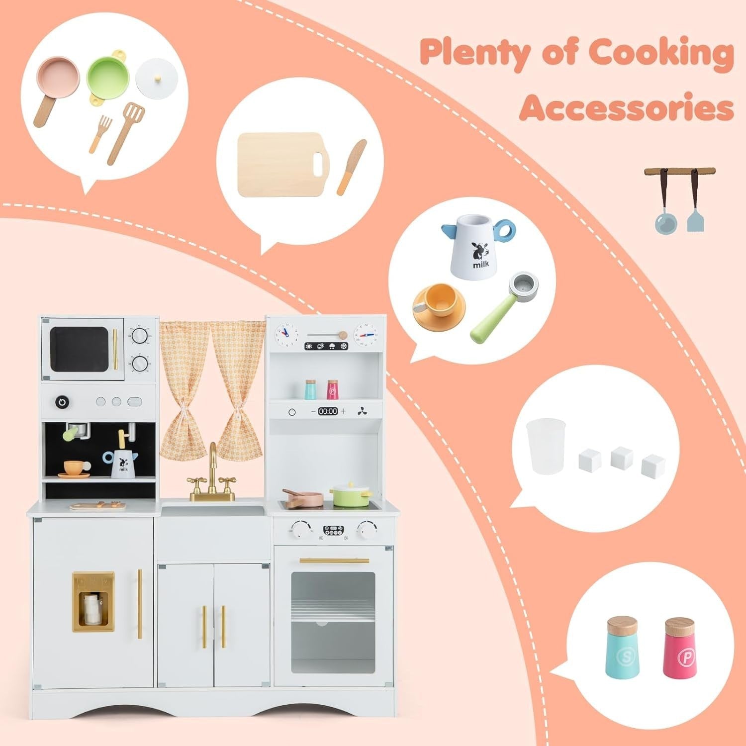 Kids Wooden Play Kitchen White w/ Ice Maker Microwave Accessories