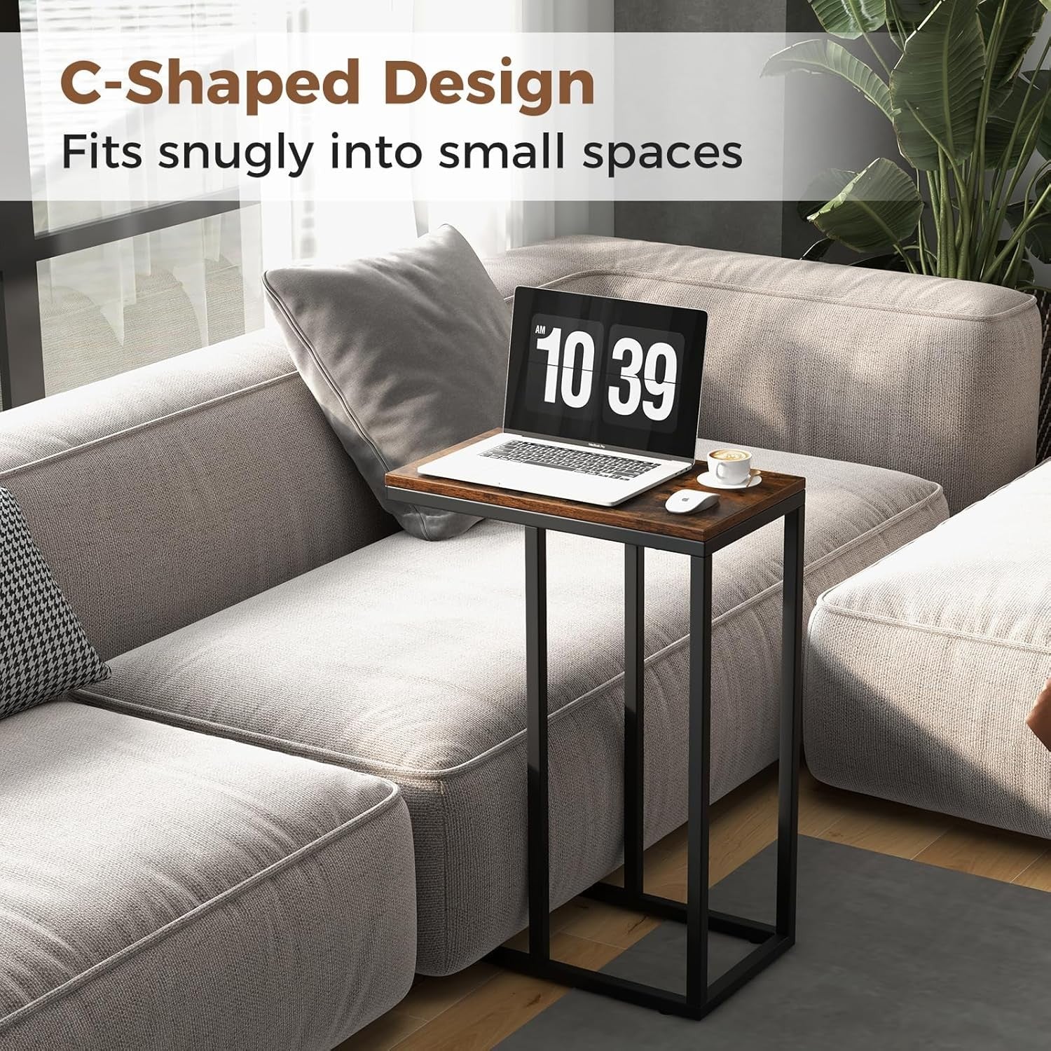 C-Shaped Side Table Rustic Brown | Industrial Sofa Laptop Snack Table 64cm