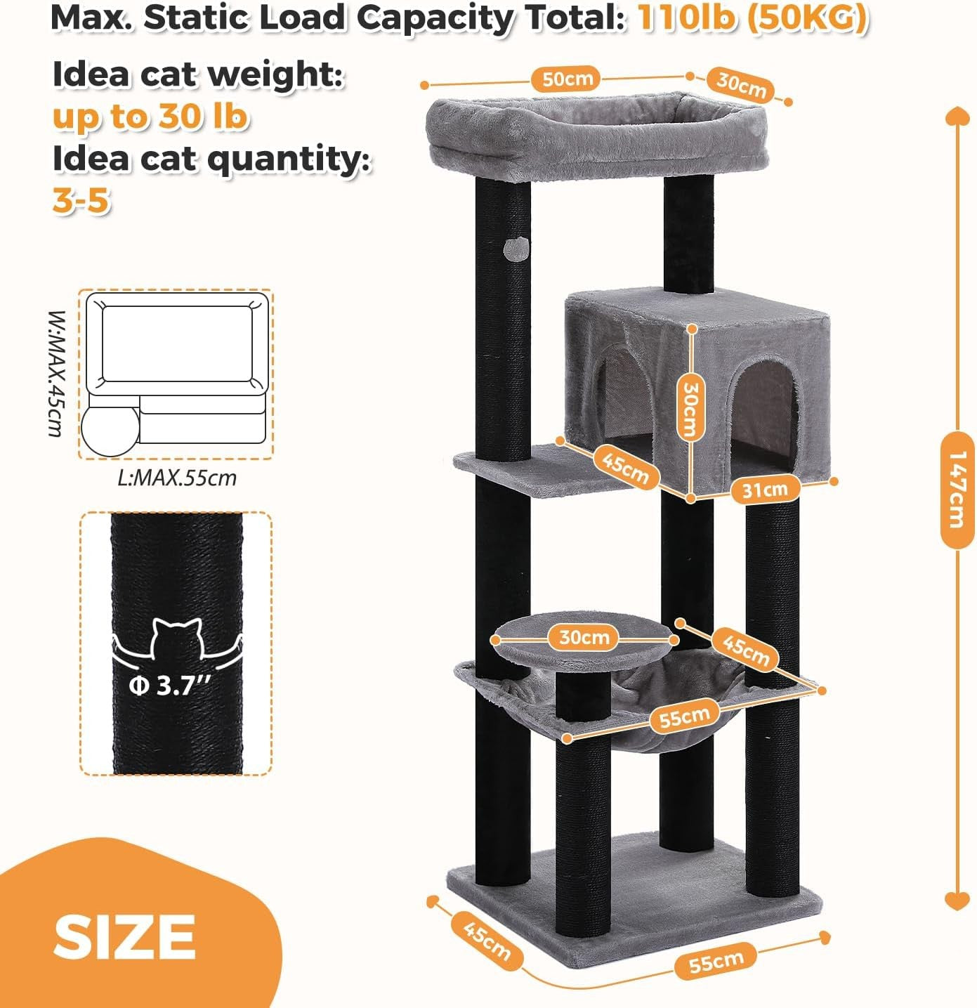Large Cat Tree Tower 147cm Multi Level Thick Scratching Hammock Condo