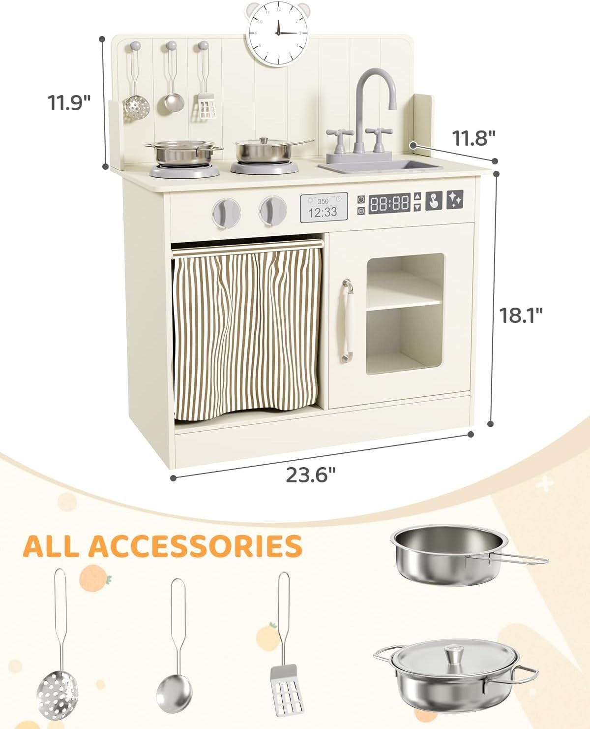 Wooden Kids Play Kitchen Cream Cooker Sink Toy Set w Storage & Clock