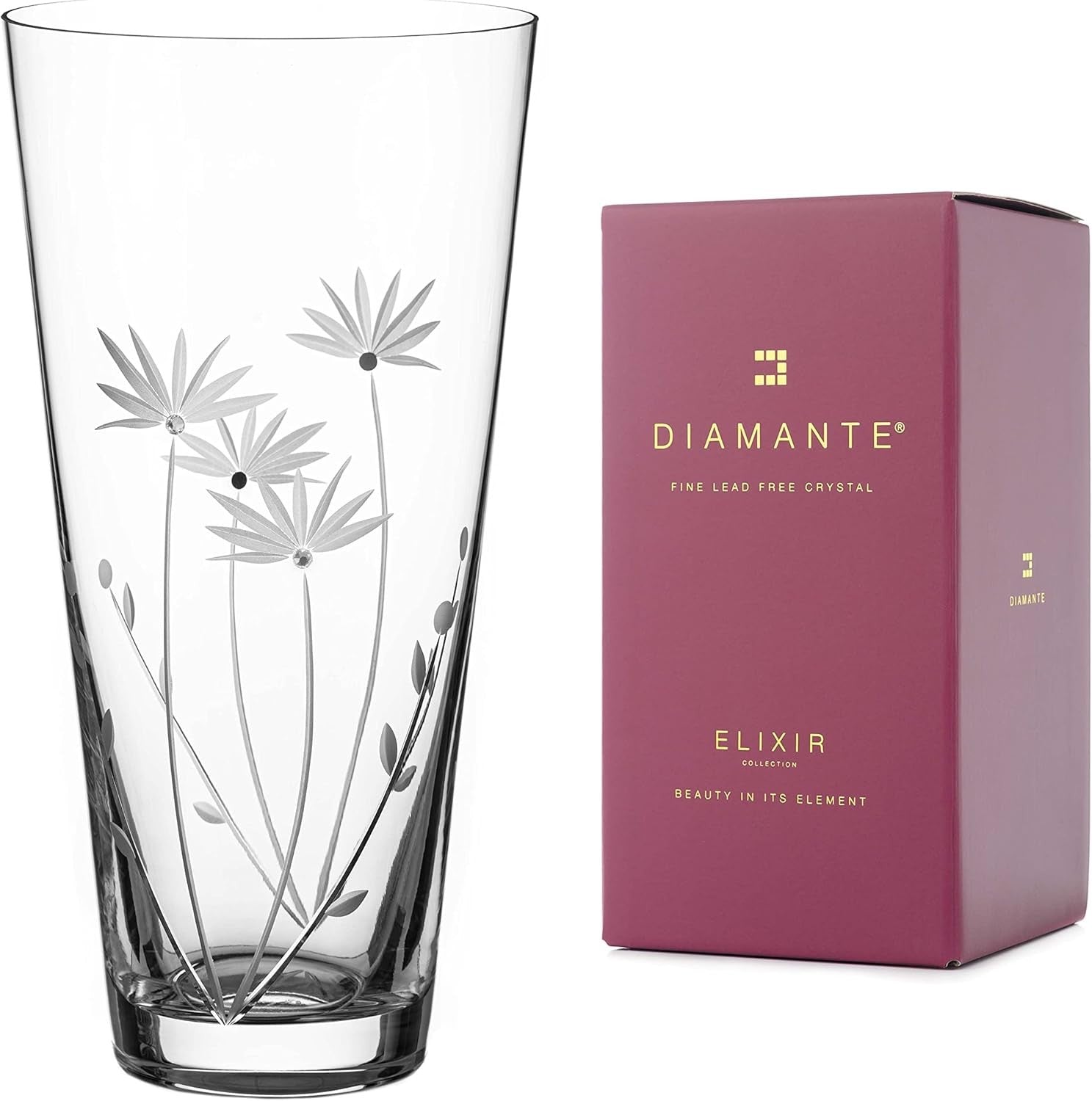 Crystal Flower Vase 25cm Hand Cut Glass Botanical Design Gift Boxed