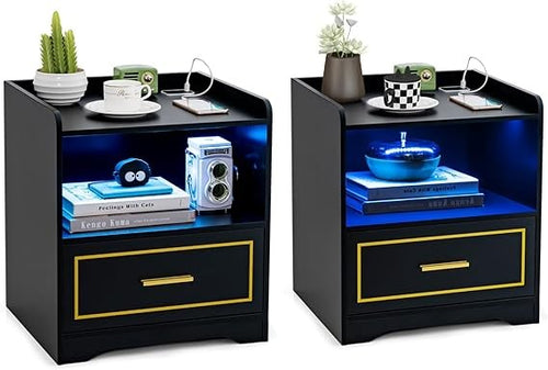 Smart LED Bedside Tables Set of 2 with Charging Station & Drawer Storage