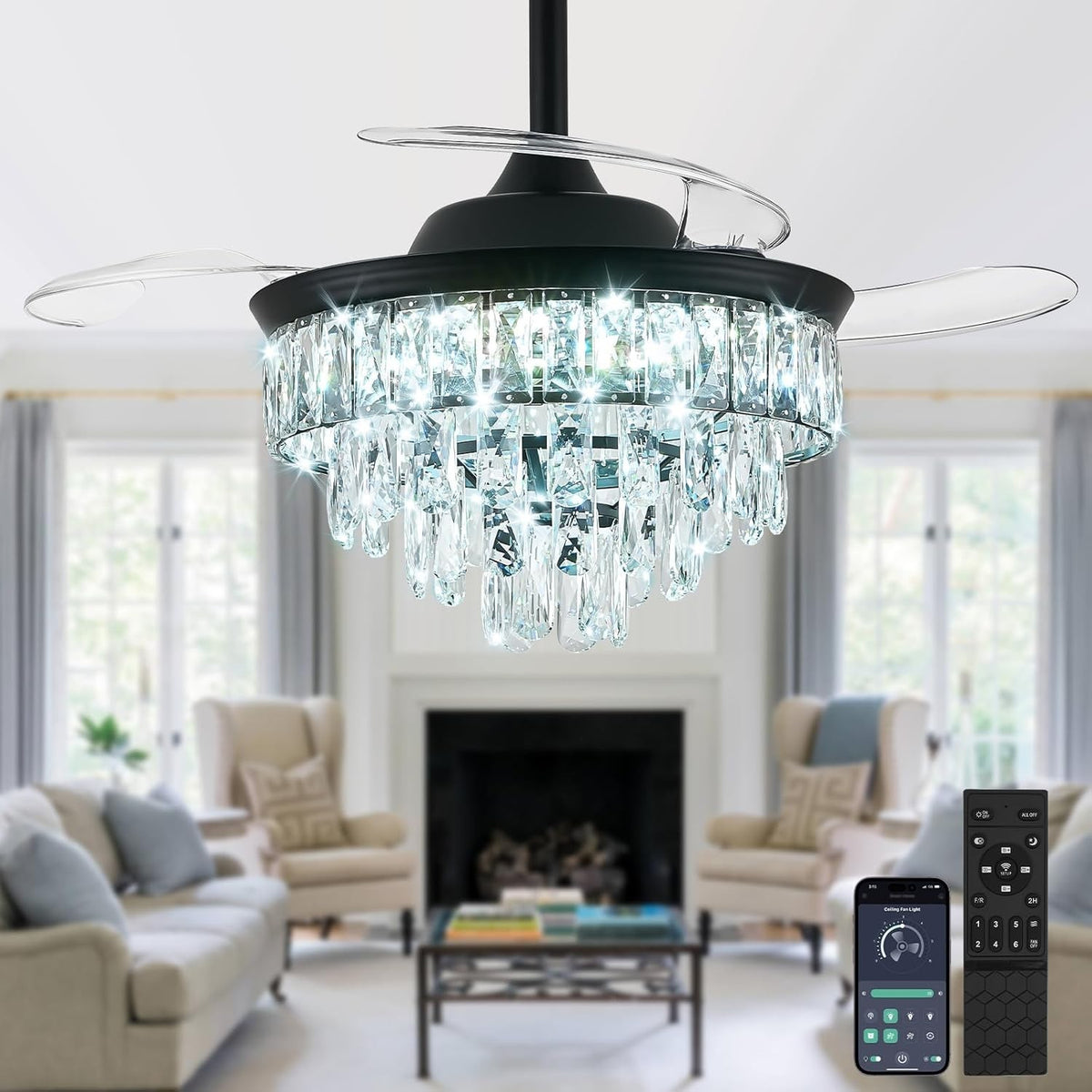 36" Ceiling Fan with Light & Remote Dimmable LED Black