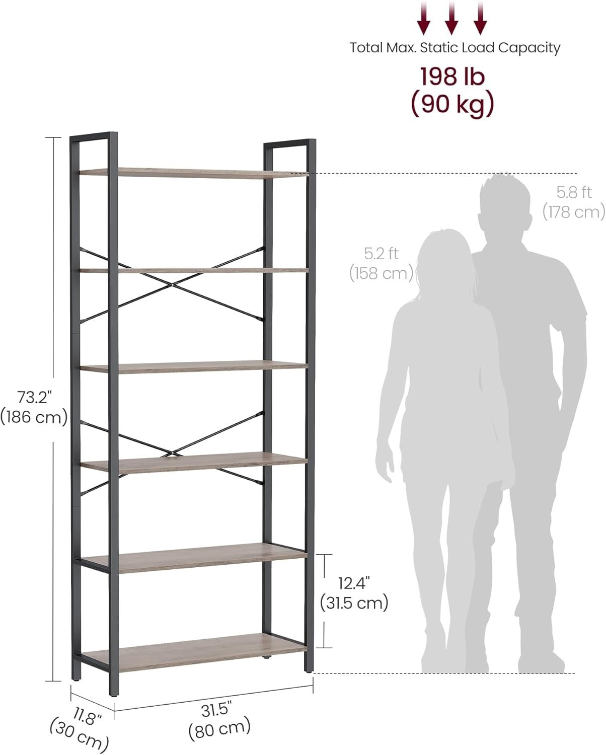 6-Tier Industrial Bookshelf 30x80x186 cm Heavy Duty Storage Unit